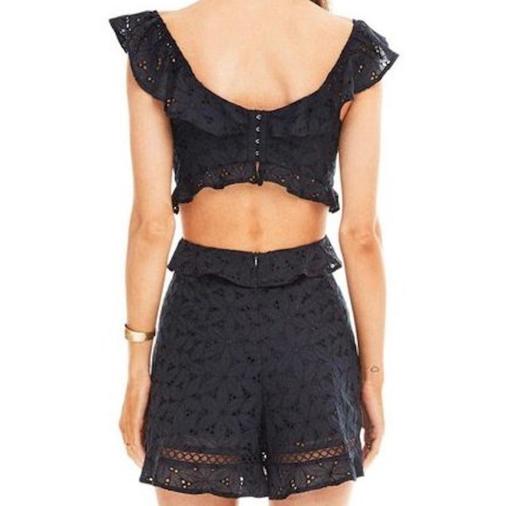 ASTR ALEXIS ROMPER Ruffle Cut Out Back Eyelet Floral Embroidery Dark Blue - Picture 5 of 16